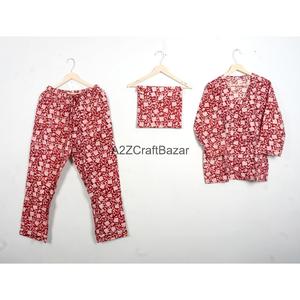 Conjunto de Pijama de Algodón con Estampado Floral Rojo para Mujer, Manga Larga, Cuello en V, Cintura con Cordón Ajustable, Ropa de Dormir Informal de 2 Piezas - Product Image 2