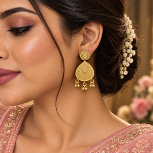 Ensemble de colliers en forme de larme Regal pour femmes |   Boucles d'oreilles assorties en cuivre et laiton plaqué or 24 carats, bijoux indiens pour mariage et fêtes - Product Image 2
