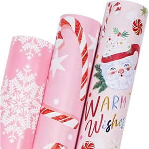 Rotoli di Carta da Regalo Natalizia Rosa con Design a Bastoncini di Zucchero/Fiocchi di Neve/Nonno Natale, 43 cm x 25 m per Rotolo, per Feste Natalizie, 3 Rotoli - Product Image 1