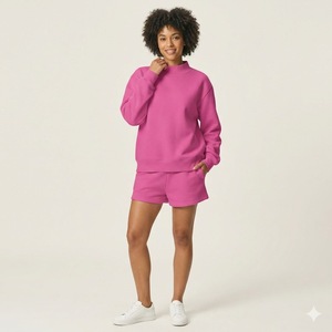 Ensemble décontracté deux pièces pour femme, col montant, manches longues et short, écologique, couleur unie, style urbain - Product Image 2