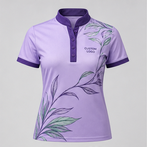 Custom Lavender Botanical Branch Womens <b>Mandarin</b> <b>Collar</b> Polo <b>Shirt</b> Quick Dry Breathable Short Sleeve Uniform WPS-0839 - Product Image 2