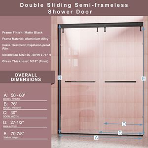 56-60 dentro. W X 76 In. H doppia porta scorrevole Semi-Frameless 5/16 \ "(8mm) trasparente vetro temperato pellicola antideflagrante opaca - Product Image 2