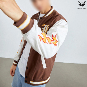 Streetwear Brown & <b>White</b> Contrast Trendy With Embroidery & Patch Snap Closure Multiple Pockets College Baseball <b>Jackets</b> - Product Image 3