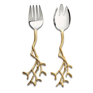 Ensemble de fourchettes et cuillères à salade Golden Branch Design, en acier inoxydable poli miroir, style vintage, pour la vaisselle de mariage - Product Image 1
