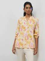 Kurti Pendek Wanita Grosir Motif Bunga Kuning Pink, Kerah V Kancing Depan, Lengan Tiga Perempat, Gaya Etnik India Kasual