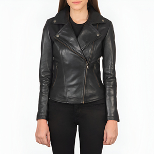 Chaqueta de Motociclista de Cuero Genuino de Piel de Oveja Negra para Mujer, con Cierre, Cuello Camisero, Chaqueta de Cuero a la Moda - Product Image 1