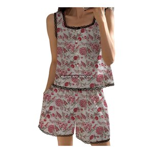 Conjunto de Pijama Corto de Encaje Estilo Casual para Mujer Tallas Grandes 2026, Conjunto de Pijama Floral sin Mangas Primavera/Verano con Estampado a Bloques al por Mayor - Product Image 4