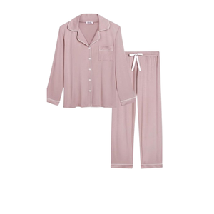 Women's 2-Piece Jersey Pajama Set Short Sleeve Solid Color Breathable Sleepwear Classic Style Full Length Turn-Down Collar - Product Image 3