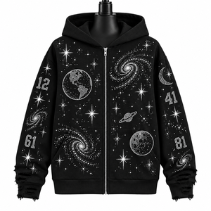 Sudadera con Capucha Negra Unisex con Cierre, Diseño de Galaxia Espacial con Brillantina y Pedrería, Estilo Casual Oversize para Otoño - Product Image 1
