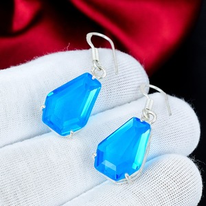 Boucles d'oreilles en topaze bleue, argent sterling 925, forme cercueil, pierres précieuses, boucles d'oreilles pendantes, faites à la main, style bohème, bijoux statement, cadeau pour femme - Product Image 6