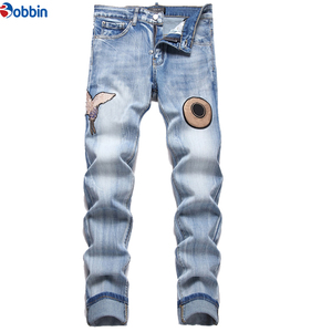 Pantalones Vaqueros de Hombre con Bordado Azul, Tendencia en Ventas, de Alta Calidad, Ajustados, Elásticos, Casuales, de Cintura Media y Pierna Recta - Product Image 1