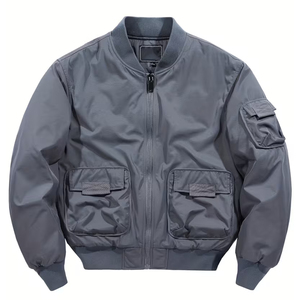 Chaqueta Bomber para Hombre, Color Sólido, Cierre de Cremallera, Resistente al Viento, Estilo Casual, Gris, Cuello Camisero, Material de Poliéster, para Otoño - Product Image 1