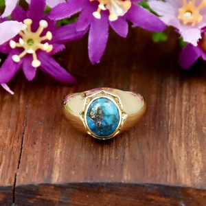 Vintage Design High Quality Blue Copper Turquoise 18K Gold Vermeil Natural Stone Oval Shape <b>Chunky</b> Fine <b>Ring</b> Jewelry for Men - Product Image 1