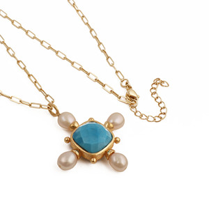 Blue Turquoise Adjustable Chain Pendant <b>Necklace</b> - Gold Plated Multi Fresh Water Pearl Gemstone <b>Statement</b> Jewelry - Product Image 1