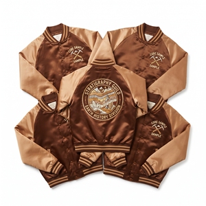 Wholesale Satin Bomber Jacket <b>Maroon</b> Beige Library Archive Embroidered Varsity <b>Coat</b> Front Zip Outerwear Direct Factory - Product Image 4