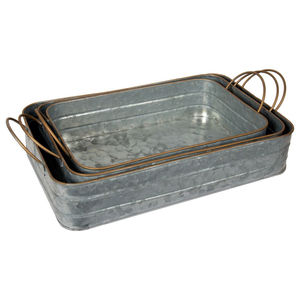 Juego de 2 bandejas rectangulares de hierro galvanizado con asas metálicas, acabado plateado, bandejas decorativas para el hogar, precio económico. - Product Image 2