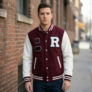 Men's <b>Burgundy</b> Wool Varsity <b>Jacket</b>, Genuine <b>Leather</b> Sleeves, Retro College Bomber - Product Image 1