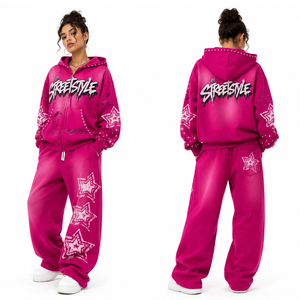 Ensemble sweat à capuche zippé et pantalon large rose à strass étoiles pour femme, style Y2K, streetwear graphique, délavé, oversize, deux pièces, tenue décontractée glamour - Product Image 5