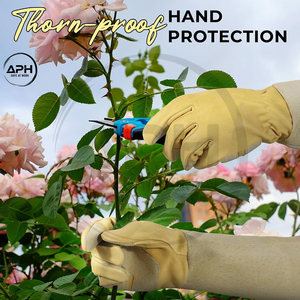 Pale Yellow Garden <b>Gloves</b> with Extended Beige Gauntlet Cuff and Reinforced Palm Panel Custom Options Hand Protective <b>Gloves</b> - Product Image 4