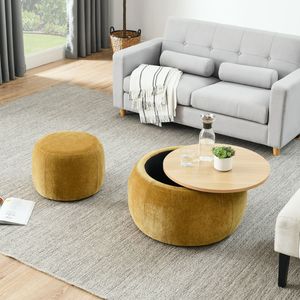 Pouf Contenitore Rotondo 2 in 1 Giallo Scuro (63,5x63,5x37,3 cm) - Piccolo Tavolino e Pouf Funzionale - Product Image 5