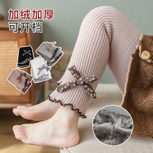 Pantalones Térmicos de Cachemira Coreanos para Niños, Gruesos, Afelpados, con Volantes, Rayas Verticales, Lindos Lazos, Leggings Cálidos para Bebés - Product Image 4