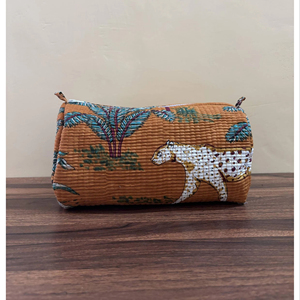 <b>Leaf</b> & Leopard Hand Block Printed Cotton Quilted Makeup Bag Travel Cosmetic Organizer 3 Pouch Sets Wholesale Price - Product Image 1