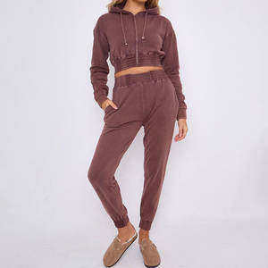 Premium Acid Wash Joggers Set for Women Custom Street Wear Patch Embroidery <b>Cropped</b> <b>Zip</b>-<b>up</b> Hoodie Tracksuits Winter Collection - Product Image 5