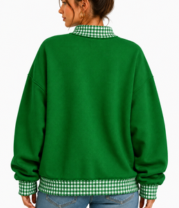 Sweat-shirt à col montant épais pour femme, coupe oversize, patchwork personnalisé à carreaux vichy, style universitaire décontracté - Product Image 4