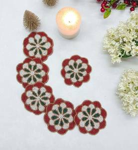 Set of 6 Handmade Beaded Floral Embroidered Eco-Friendly Customizable Polyester/Cotton Coasters - Product Image 1