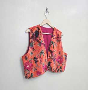 Floral & Bird Print Orange Velvet Sleeveless Vest – Luxury Designer Nature Inspired Outerwear - Product Image 6