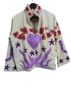 เสื้อแจ็คเก็ตผ้าฝ้ายสไตล์โบฮีเมียนงานฝีมือประณีต ปักลายหัวใจสีลาเวนเดอร์ แขนยาว เสื้อคลุมผู้หญิงสำหรับฤดูใบไม้ผลิ - Product Image 1