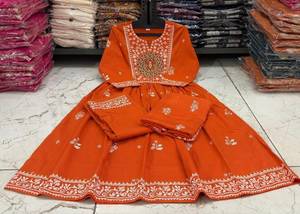 Vestido Maxi Tejido Bordado Naranja con Estampado Floral, Manga Larga, Estilo Boho Recto, Casual, con Dobladillo Acampanado para Primavera - Product Image 5
