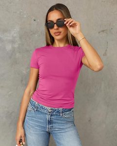 Women's <b>Pink</b> Crew Neck Short Sleeve Slim Fit Cotton Jersey T-Shirt Casual Solid Color Breathable Spring Summer Top - Product Image 3