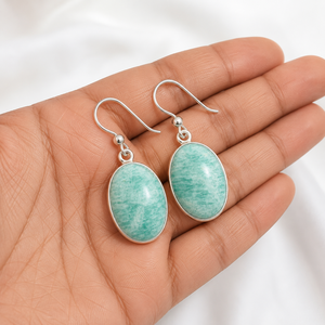 Natural Amazonite Gemstone Drop Earrings 925 <b>Sterling</b> <b>Silver</b> Oval Cabochon Ear <b>Wire</b> Handmade Third Party Certified Jewelry Women - Product Image 6
