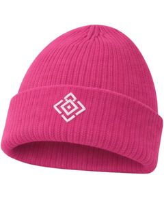 Bonnet en tricot côtelé rose avec logo brodé blanc, chaud et doux en acrylique, personnalisable, unisexe, à revers, pour l'hiver - Product Image 1