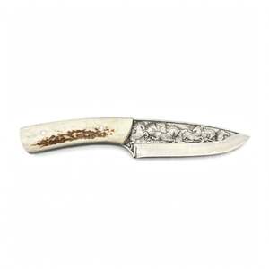 Cuchillo de cocina artesanal de acero grabado en 3D con mango de hueso de ciervo, herramienta de exhibición - Product Image 1