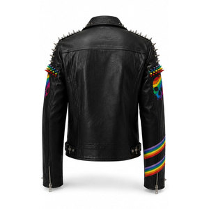 Men's Punk Leather Motorcycle <b>Jacket</b> With Rainbow Patches And Spikes Turn-down Collar Zipper Closure Autumn Wear - Product Image 3