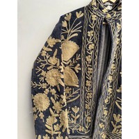 Veste bomber élégante en velours matelassé, broderie florale dorée, col mandarin, manches longues, style bohème pour femme, réversible, hiver