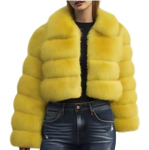 Veste courte matelassée en fausse fourrure jaune pour femme, pull chaud d'hiver avec bordure en fourrure, manches longues, veste courte épaisse - Product Image 1