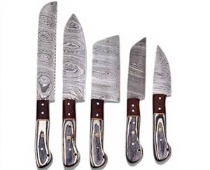 Ensemble de couteaux de chef en acier Damas, 5 pièces, manche intégral, forgés à la main, ultra-affûtés, ergonomiques, manches en bois Pakka OEM - pour un usage quotidien et le camping - Product Image 1