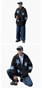 Sweat à capuche zippé surdimensionné personnalisé Y2K avec patch étoile, style streetwear vintage, en coton épais, coupe ample - Product Image 4
