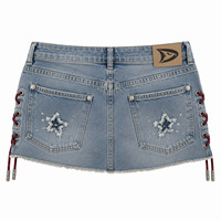 Mini-jupe en jean vintage pour femme, style rétro, avec dentelle, patchs et strass, respirante, coupe ample, pour toutes les saisons