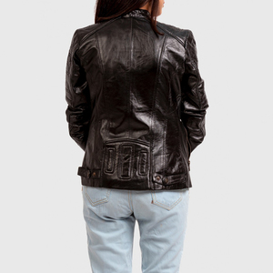 Chaqueta de Motociclista de Cuero Genuino Marrón para Mujer, Manga Larga, Cuello Camisero, Cierre de Cremallera, Estilo Otoñal - Product Image 3