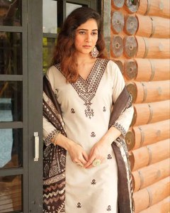 Premium Cream Brown Printed Pakistani Salwar Kameez Set for Women with Tribal Print Dupatta Traditional Ethnic Casual Wear Suit - Product Image 3