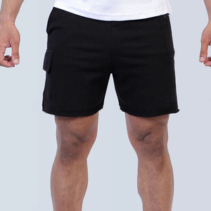 Shorts Bermuda en coton noir pour homme avec poches, taille mi-haute, fermeture élastique, style décontracté, couleur unie, tissu tissé - Product Image 1