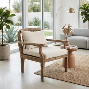 Sofá individual Kaliandra de madera premium, minimalista, de madera maciza de teca, sillón individual para sala de estar, con cojín color crema natural. - Product Image 4