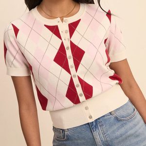 Cardigan à manches courtes pour femme, motif Argyle, col boutonné, 100% acrylique, style preppy, toutes saisons, coupe classique - Product Image 5