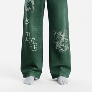 Pantalones Vaqueros de Mezclilla para Hombre, Cintura Alta, Corte Recto, con Estampado Geométrico, Ajuste Holgado, Estilo Casual Otoñal, Color Verde, de Algodón - Product Image 4