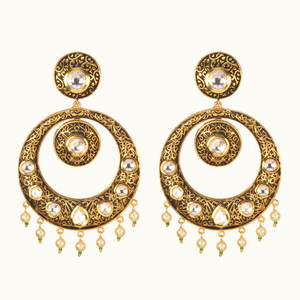 triangle shape mehndi plated jhumki with small pearls 8712 Blue - Product Image 3