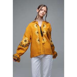 Blusa Étnica de Lino Bordada en Amarillo Mostaza para Mujer, con Cuello de Borlas y Lazos - Product Image 2